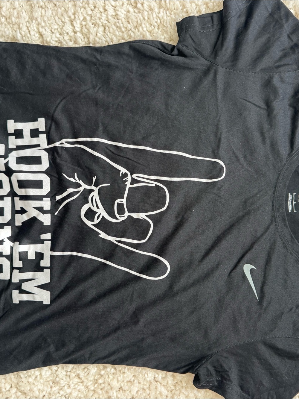 Nike Black Short-Sleeve Tee with White Hook 'Em Hand Graphic and Silver Swoosh